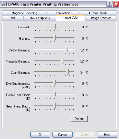 HDP 600 Card Printer Printing Preferences dialog box displaying the Image Color tab with various color options